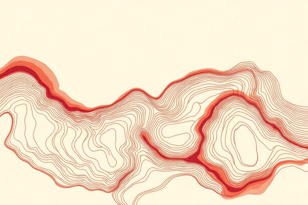 Warm topographic contour lines in merlot ink on cream paper.