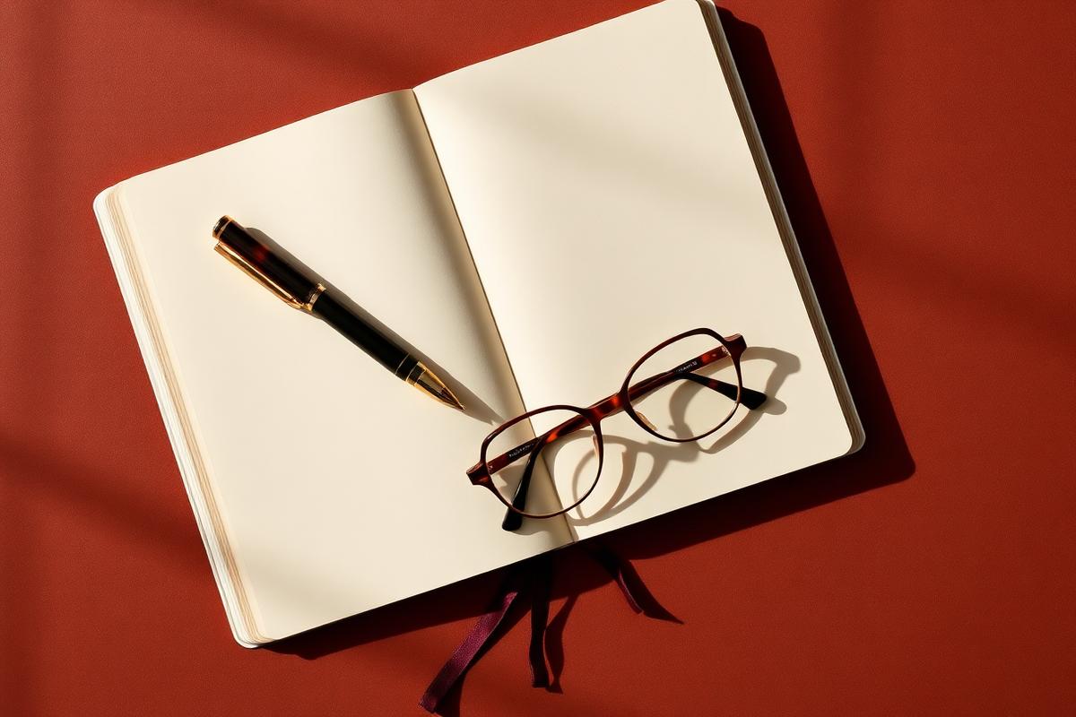 An open cream notebook with a fountain pen and tortoiseshell reading glasses.